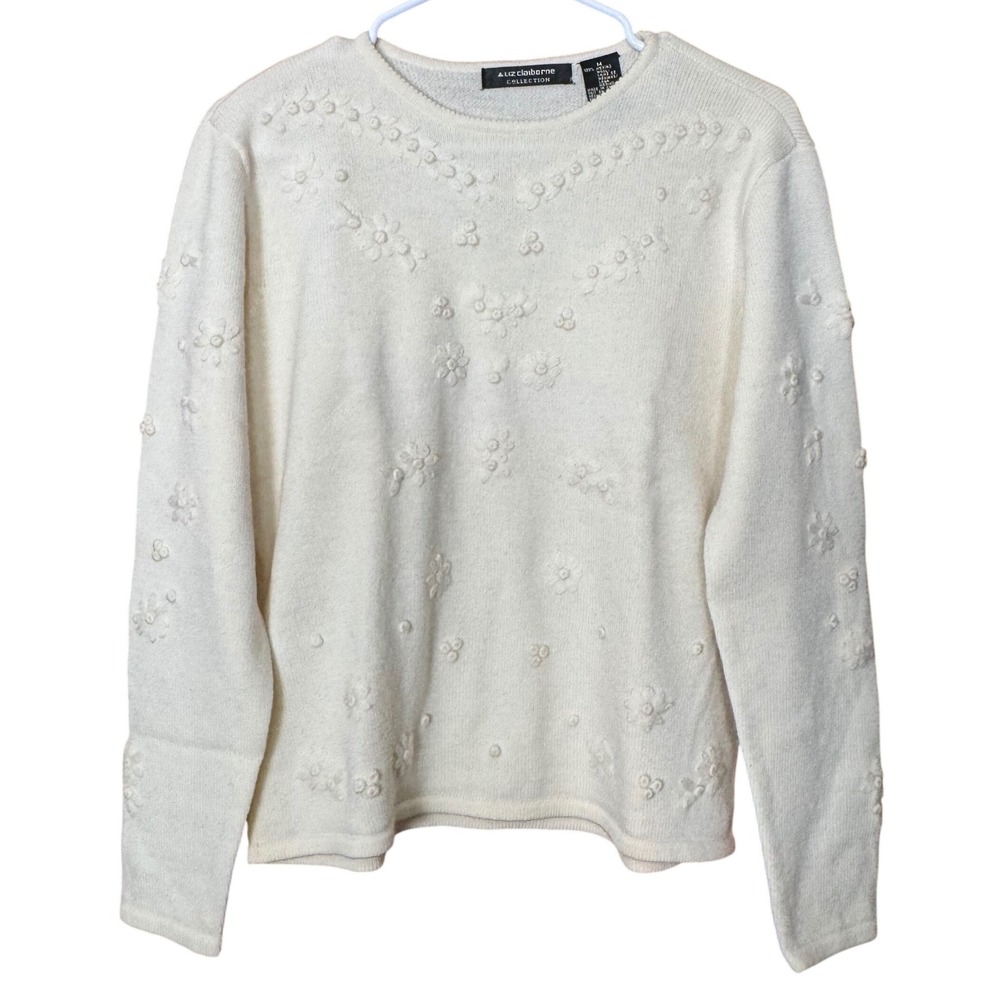 Liz Claiborne Collection Cream Merino Wool Sweater Beaded Floral Embroidered M - Picture 1 of 10
